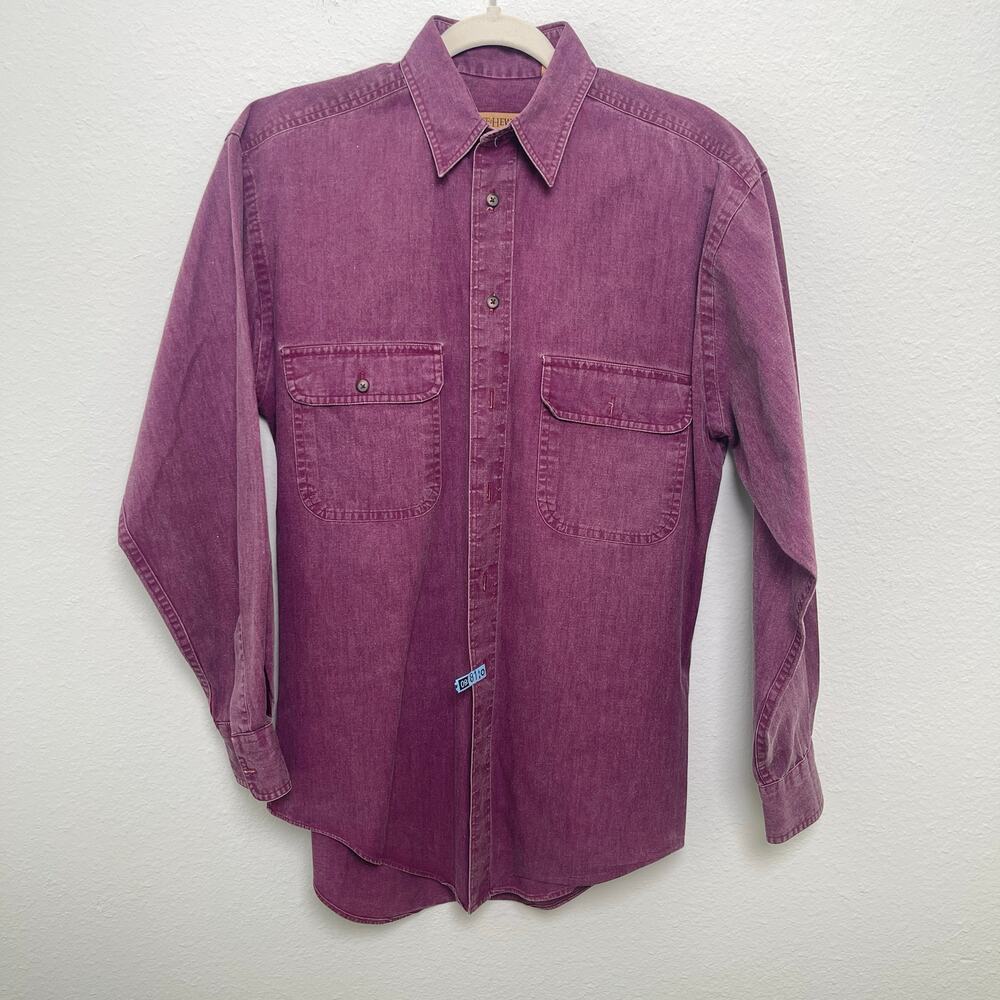 Vintage Ruff Hewn Purple Maroon Denim Shirt Mens 90s Acid Wash Cotton Button Up